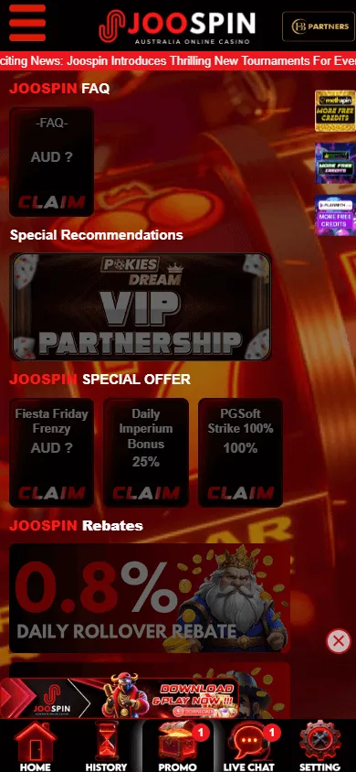 Joospin Casino mobile promotions area with bonuses and loyalty offers