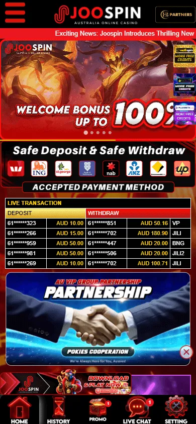 Joospin Casino mobile home screen with casino access on a smartphone