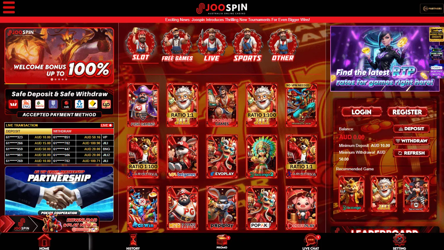 Joospin Casino desktop home screen with casino categories and account access