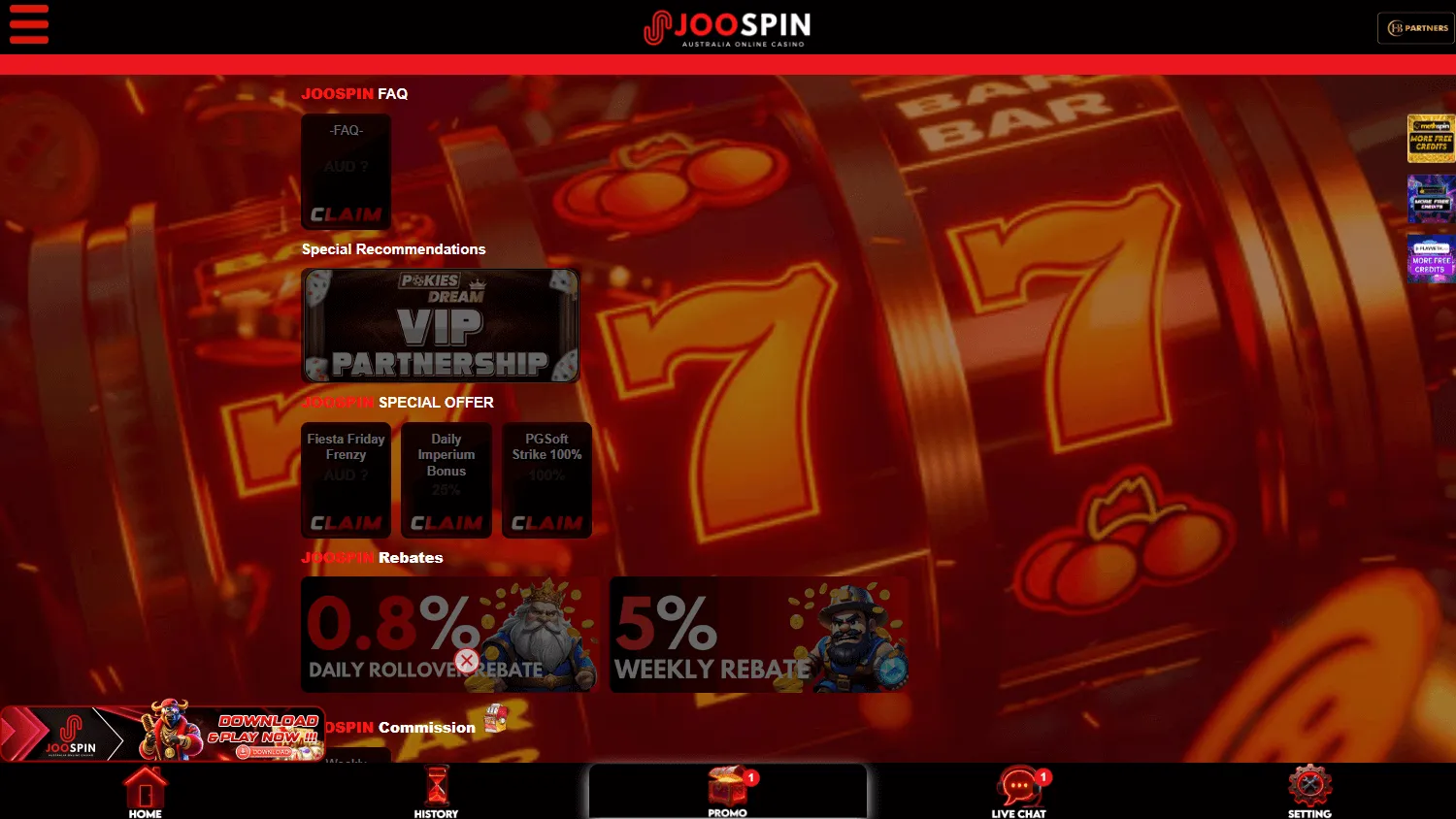 Joospin Casino desktop promotions area with welcome, VIP and promotional offers